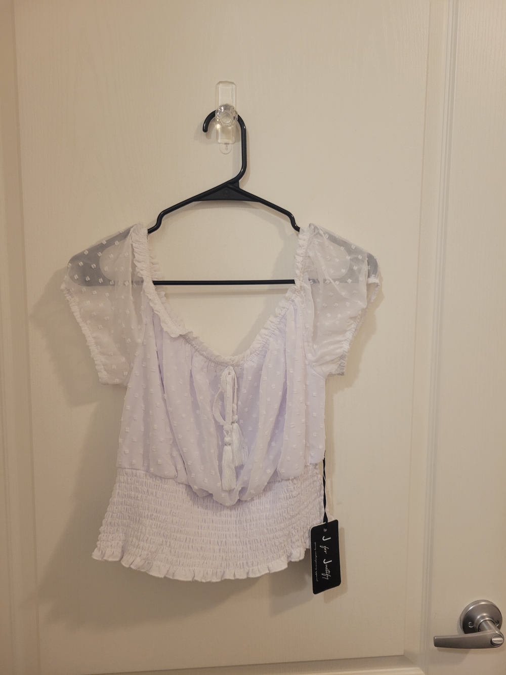 J for Justify White Swiss Dot Tie-Front Peasant Blouse